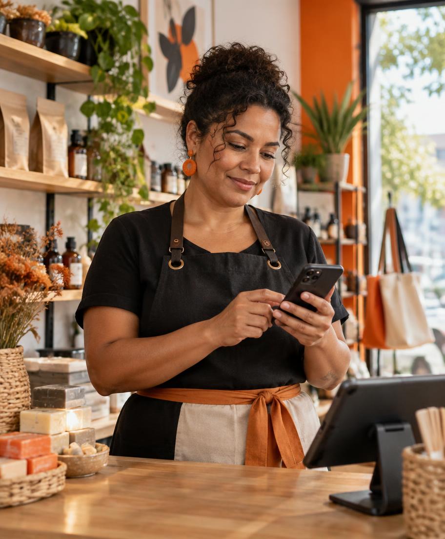 Empreendedora consultando o celular em seu negócio